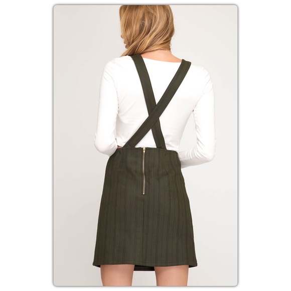 Olive Pinstripe Overall Cross Straps Jumper Dress - Picture 2 of 2